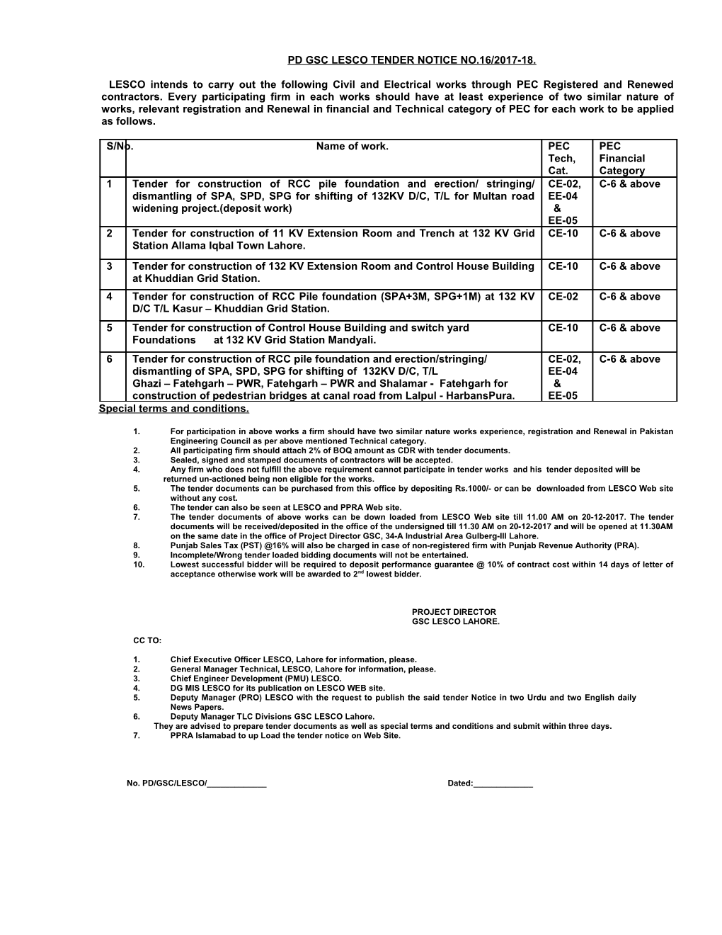 Pd Gsc Lesco Tender Notice No.16/2017-18