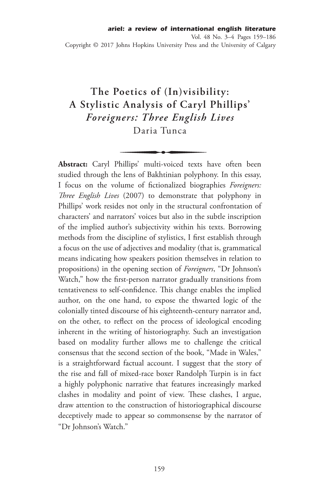 A Stylistic Analysis of Caryl Phillips' Foreigners