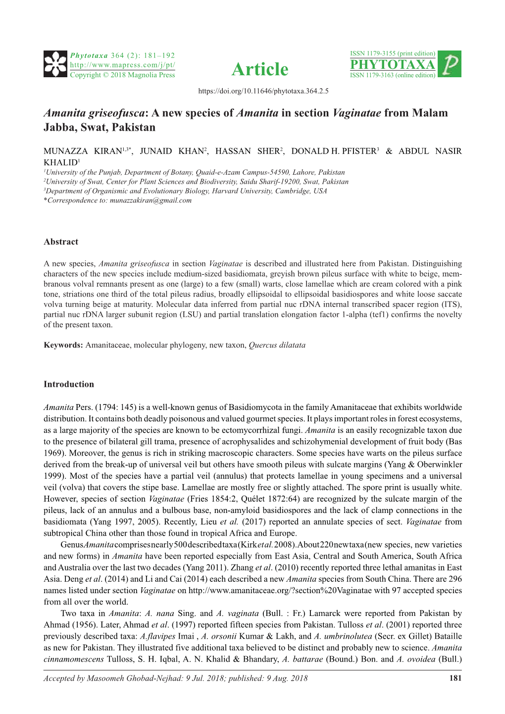 Amanita Griseofusca: a New Species of Amanita in Section Vaginatae from Malam Jabba, Swat, Pakistan