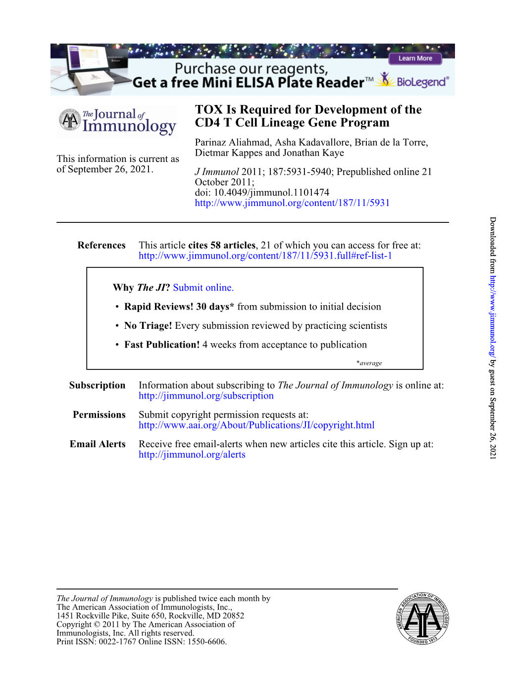 CD4 T Cell Lineage Gene Program TOX Is Required for Development