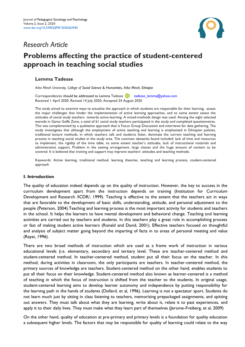 Research Article Problems Affecting the Practice of Student-Centered Approach in Teaching Social Studies