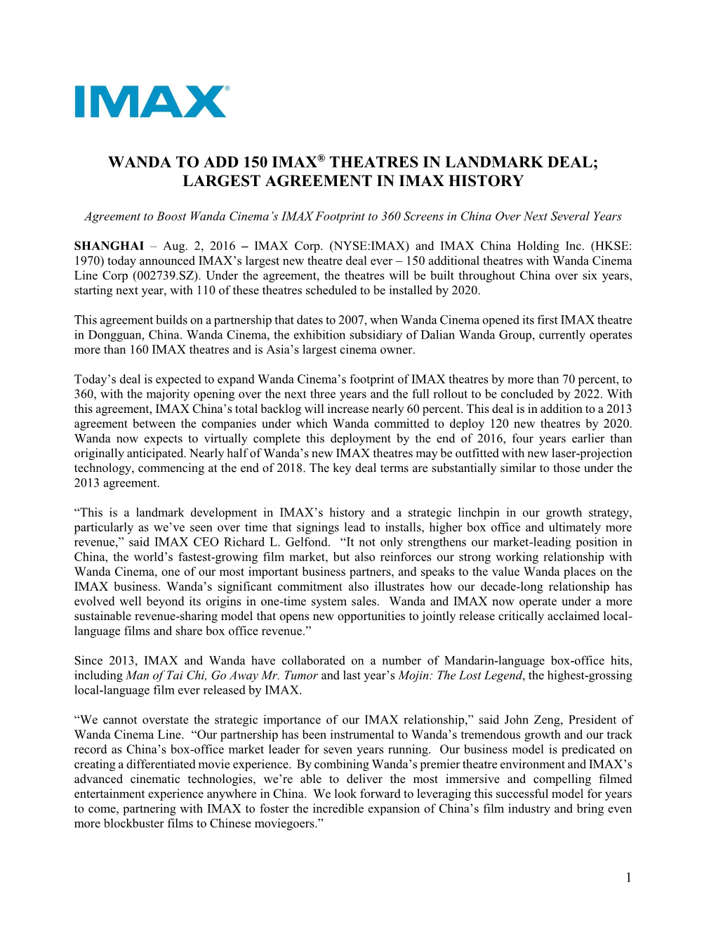 Wanda to Add 150 Imax® Theatres in Landmark Deal; Largest Agreement in Imax History