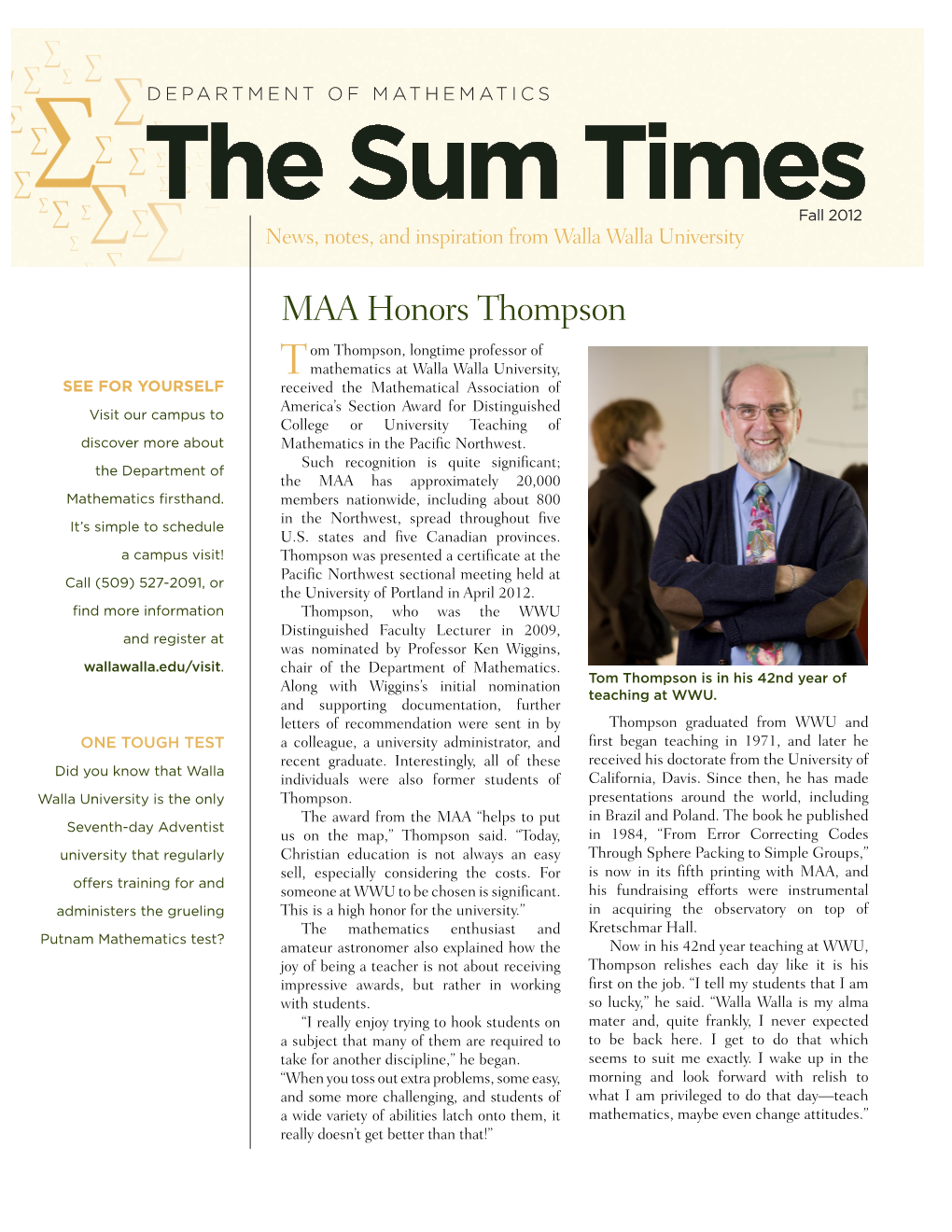 The Sum Times Fall 2012 News, Notes, and Inspiration from Walla Walla University