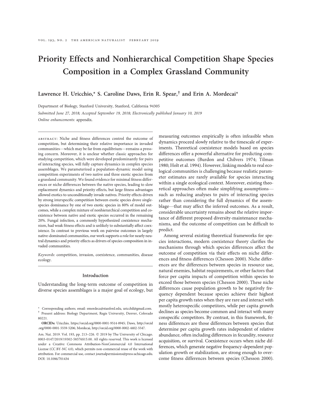 Priority Effects and Nonhierarchical Competition Shape Species Composition in a Complex Grassland Community