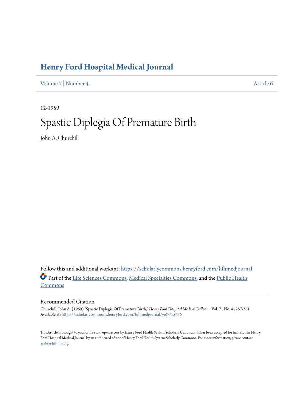 Spastic Diplegia of Premature Birth John A