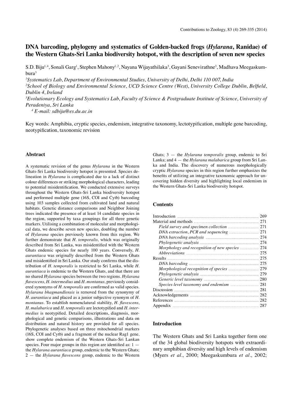 DNA Barcoding, Phylogeny and Systematics of Golden-Backed Frogs (Hylarana, Ranidae) of the Western Ghats-Sri Lanka Biodiversity