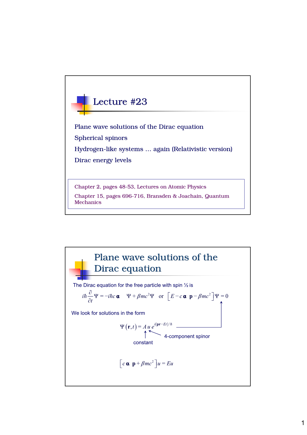 Lecture #23 Plane Wave Solutions of the Dirac Equation