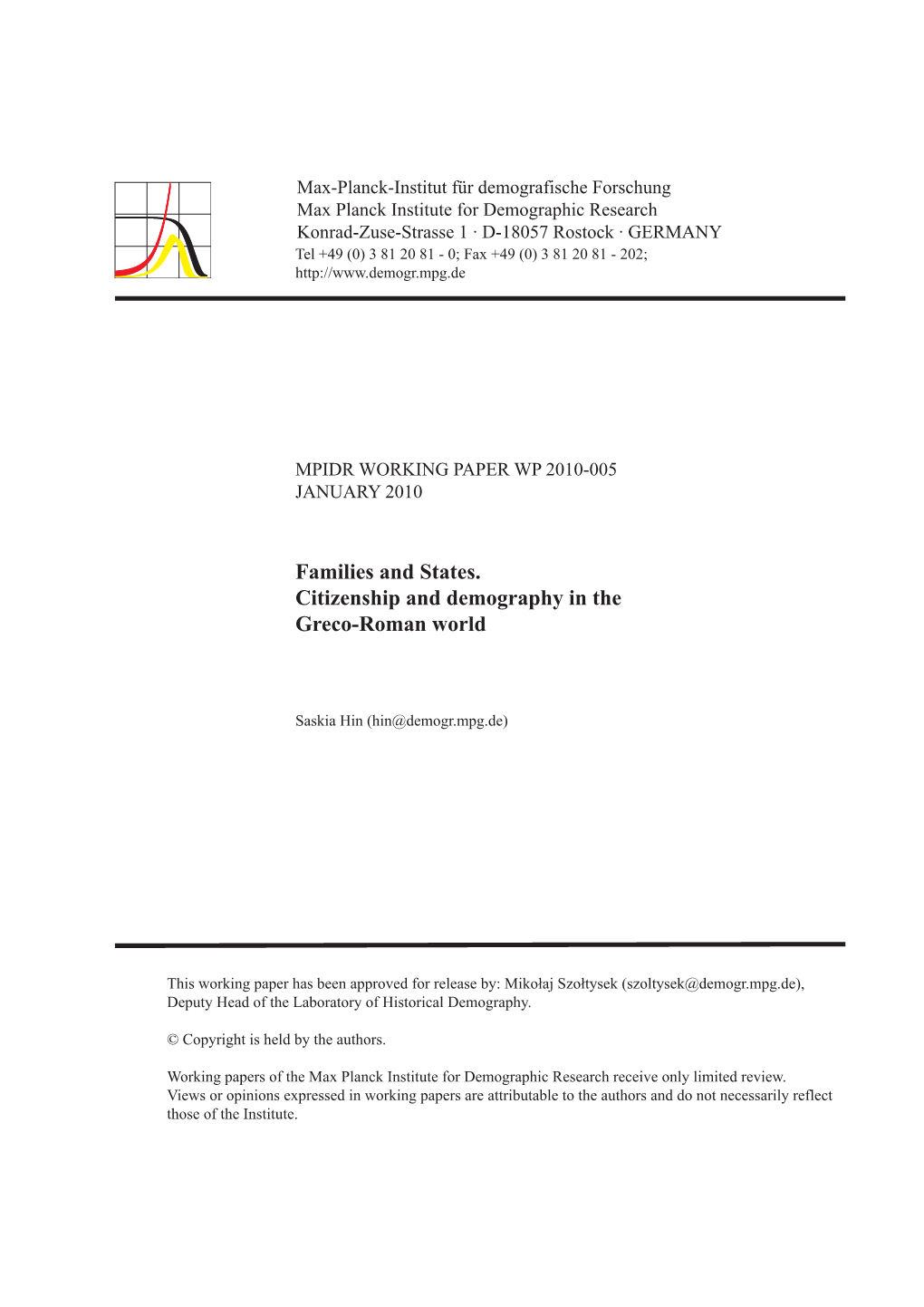 Families and States. Citizenship and Demography in the Greco-Roman