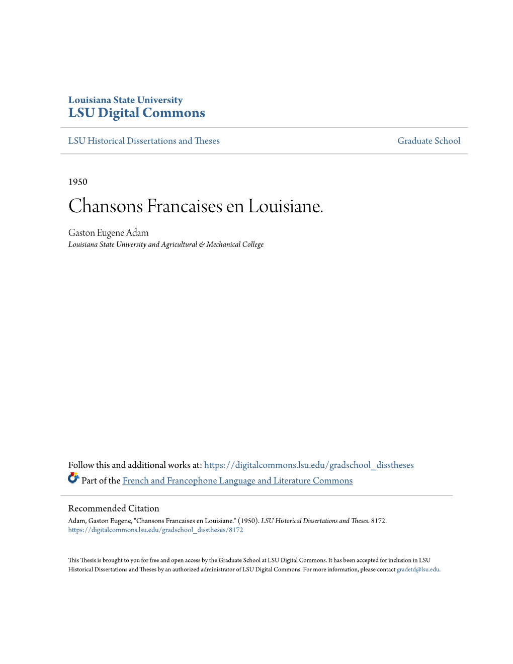 Chansons Francaises En Louisiane. Gaston Eugene Adam Louisiana State University and Agricultural & Mechanical College