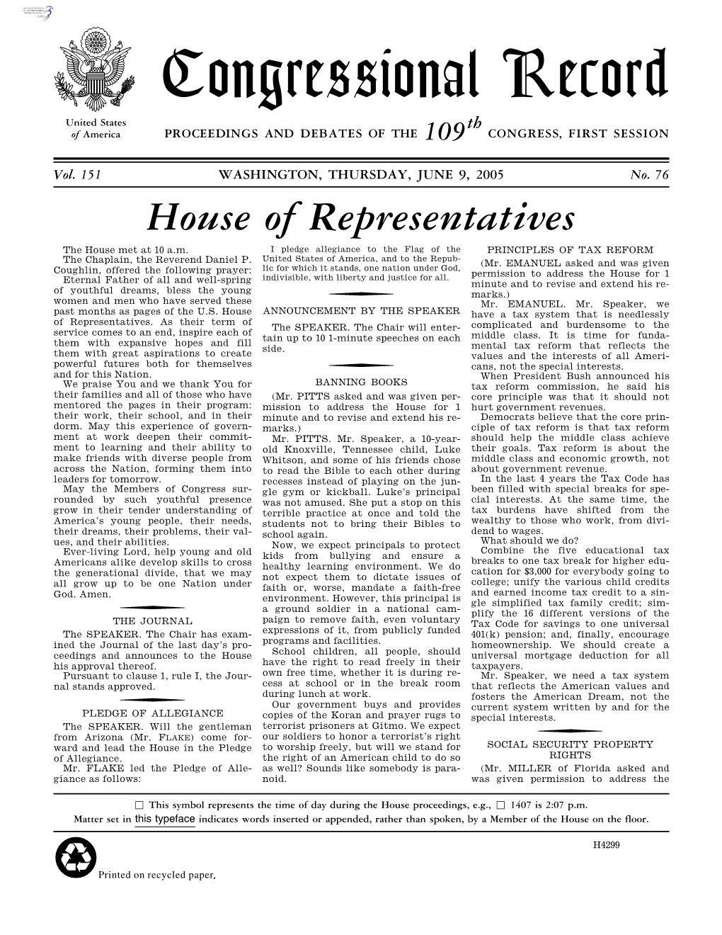 Congressional Record United States Th of America PROCEEDINGS and DEBATES of the 109 CONGRESS, FIRST SESSION