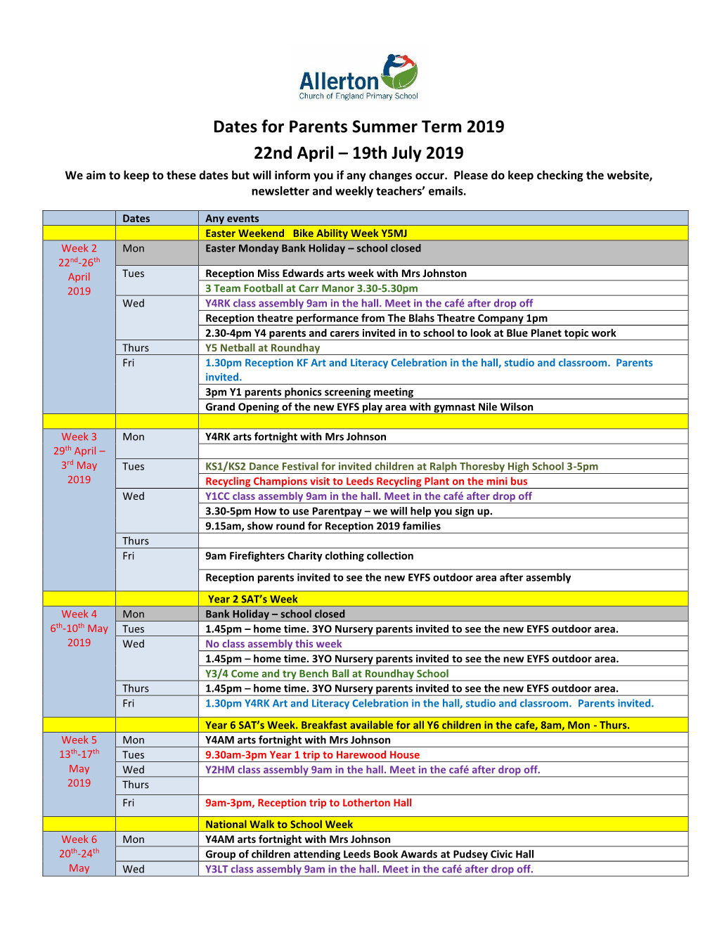 Dates for Parents Summer Term 2019 22Nd April – 19Th July 2019 We Aim to Keep to These Dates but Will Inform You If Any Changes Occur