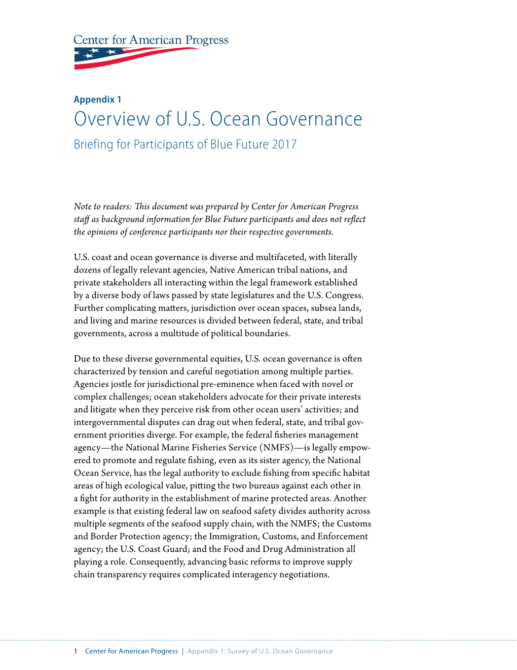 Overview of U.S. Ocean Governance Briefing for Participants of Blue Future 2017
