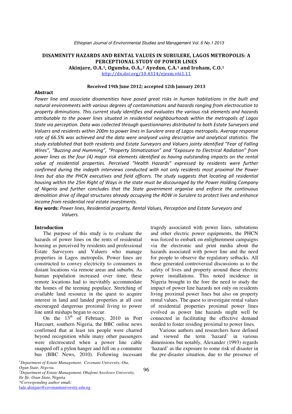 DISAMENITY HAZARDS and RENTAL VALUES in SURULERE, LAGOS METROPOLIS: a PERCEPTIONAL STUDY of POWER LINES Akinjare, O.A