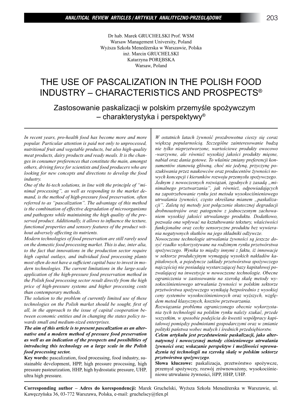 The Use of Pascalization in the Polish Food Industry