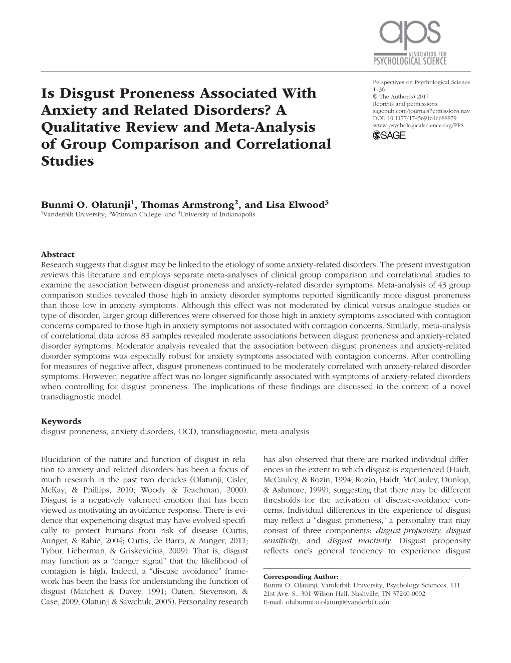 Is Disgust Proneness Associated with Anxiety and Related Disorders? A