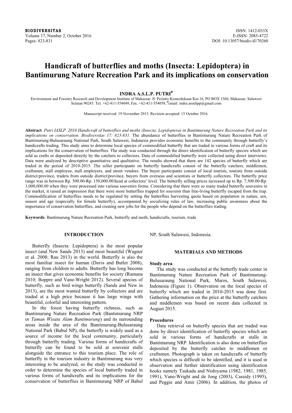 Handicraft of Butterflies and Moths (Insecta: Lepidoptera) in Bantimurung Nature Recreation Park and Its Implications on Conservation