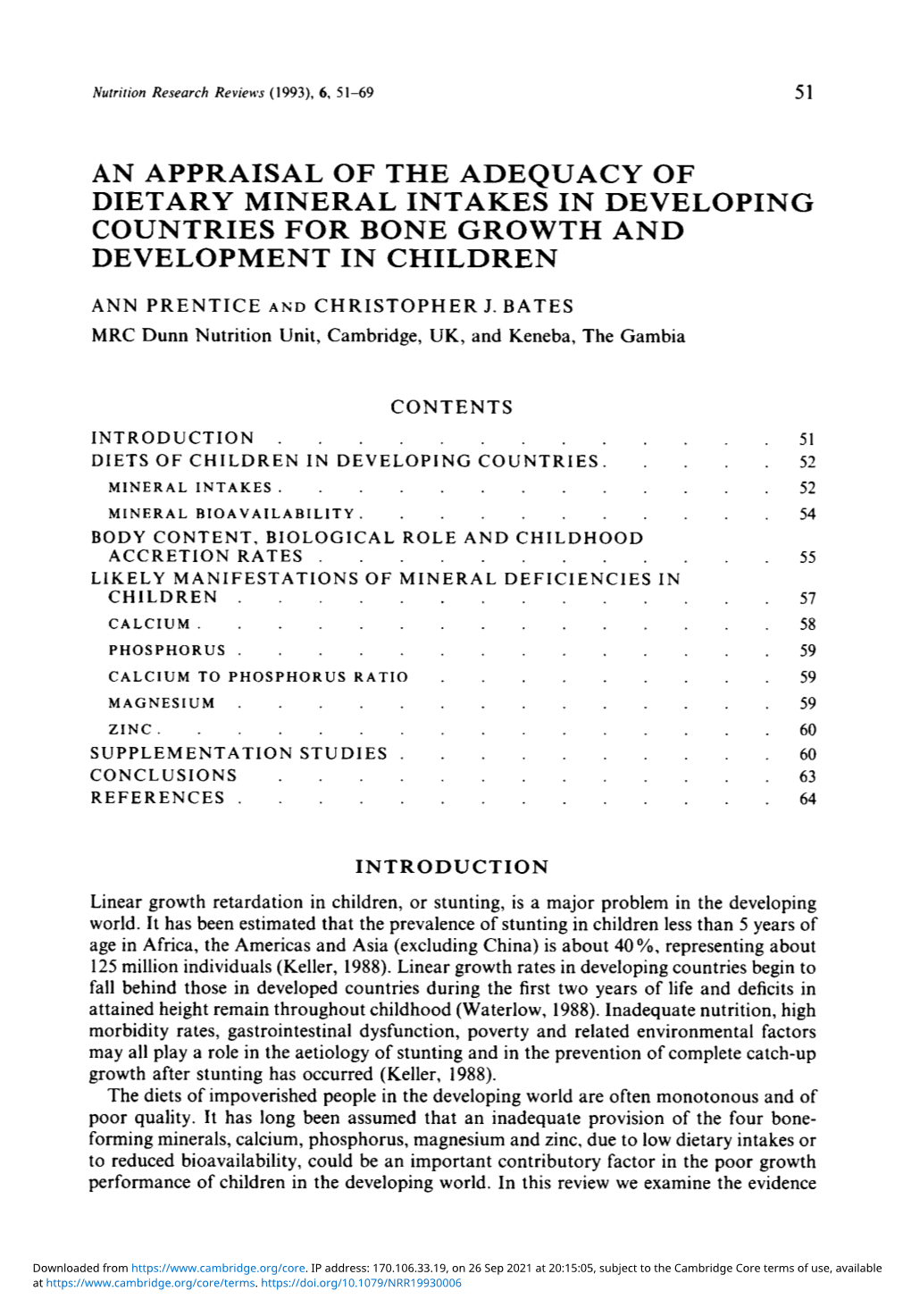 An Appraisal of the Adequacy of Dietary Mineral Intakes in Developing Countries for Bone Growth and Development in Children