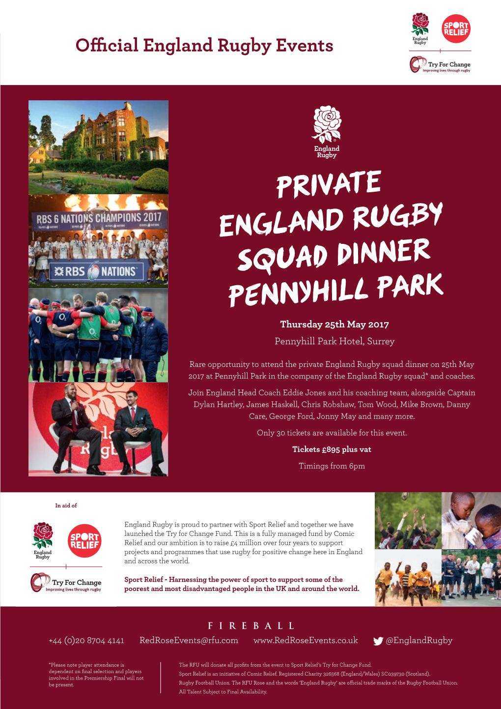 PRIVATE ENGLAND RUGBY SQUAD DINNER PENNYHILL PARK Thursday 25Th May 2017 Pennyhill Park Hotel, Surrey