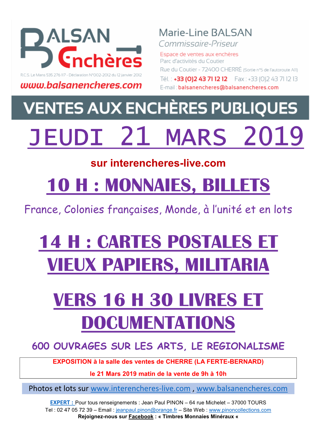 JEUDI 21 MARS 2019 Sur Interencheres-Live.Com 10 H : MONNAIES, BILLETS