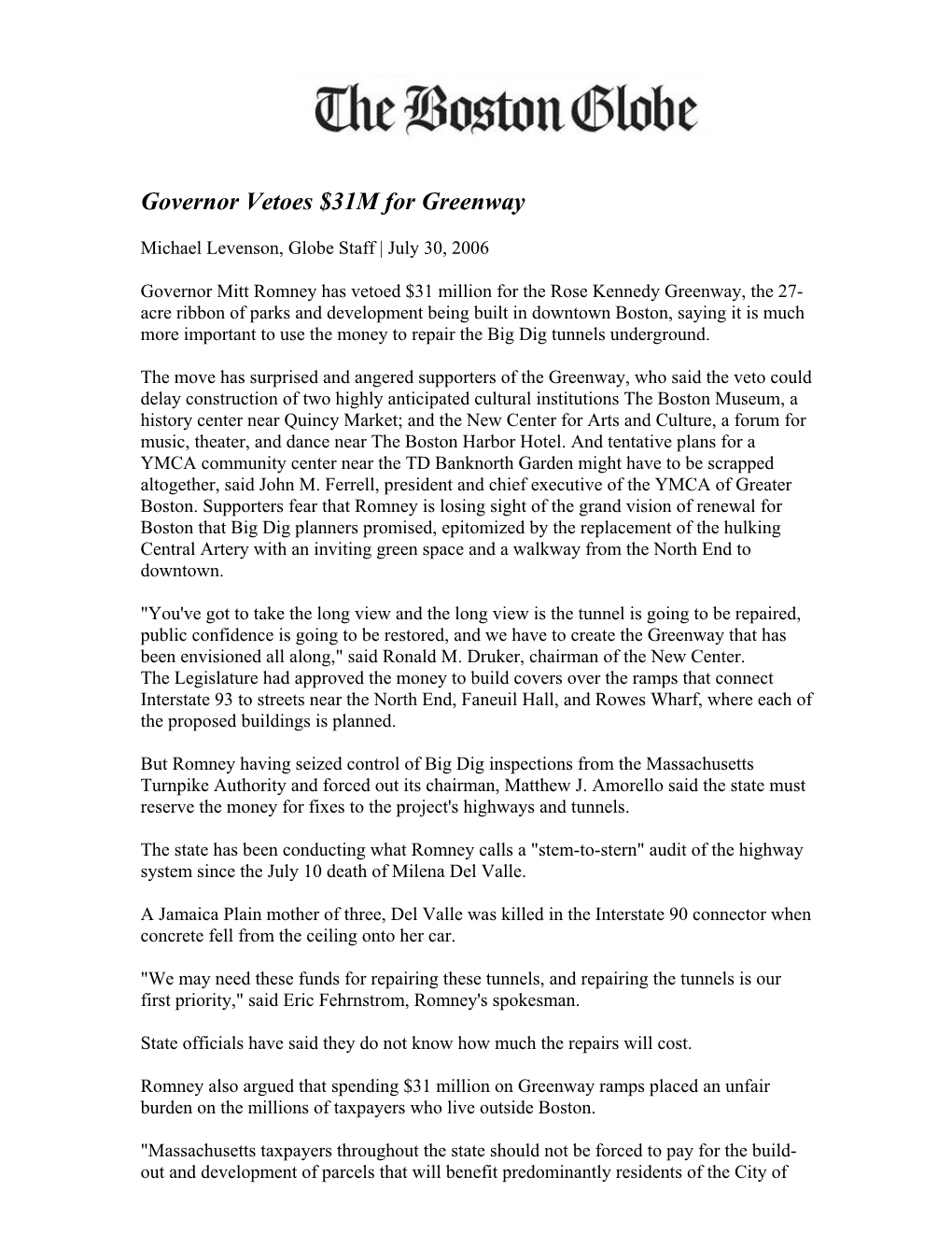 Governor Vetoes $31M for Greenway