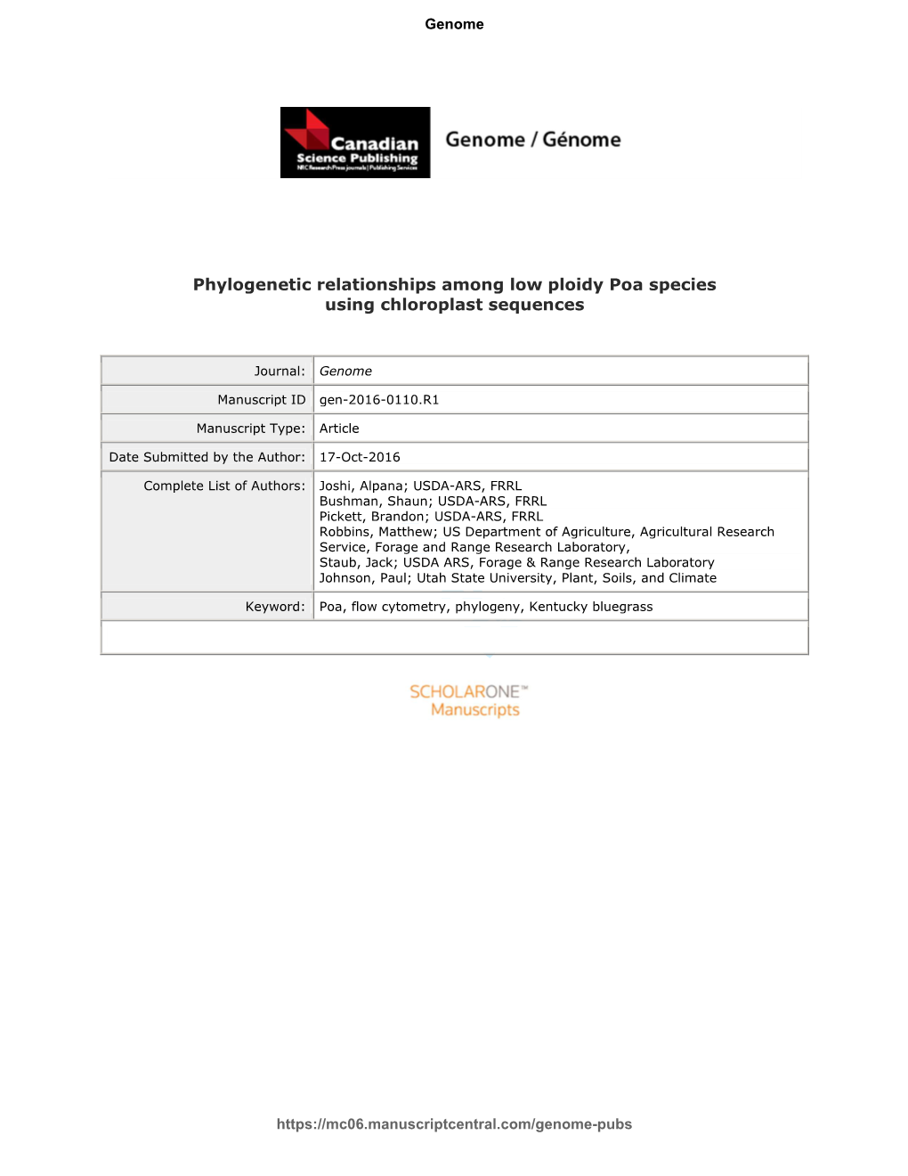 Phylogenetic Relationships Among Low Ploidy Poa Species Using Chloroplast Sequences