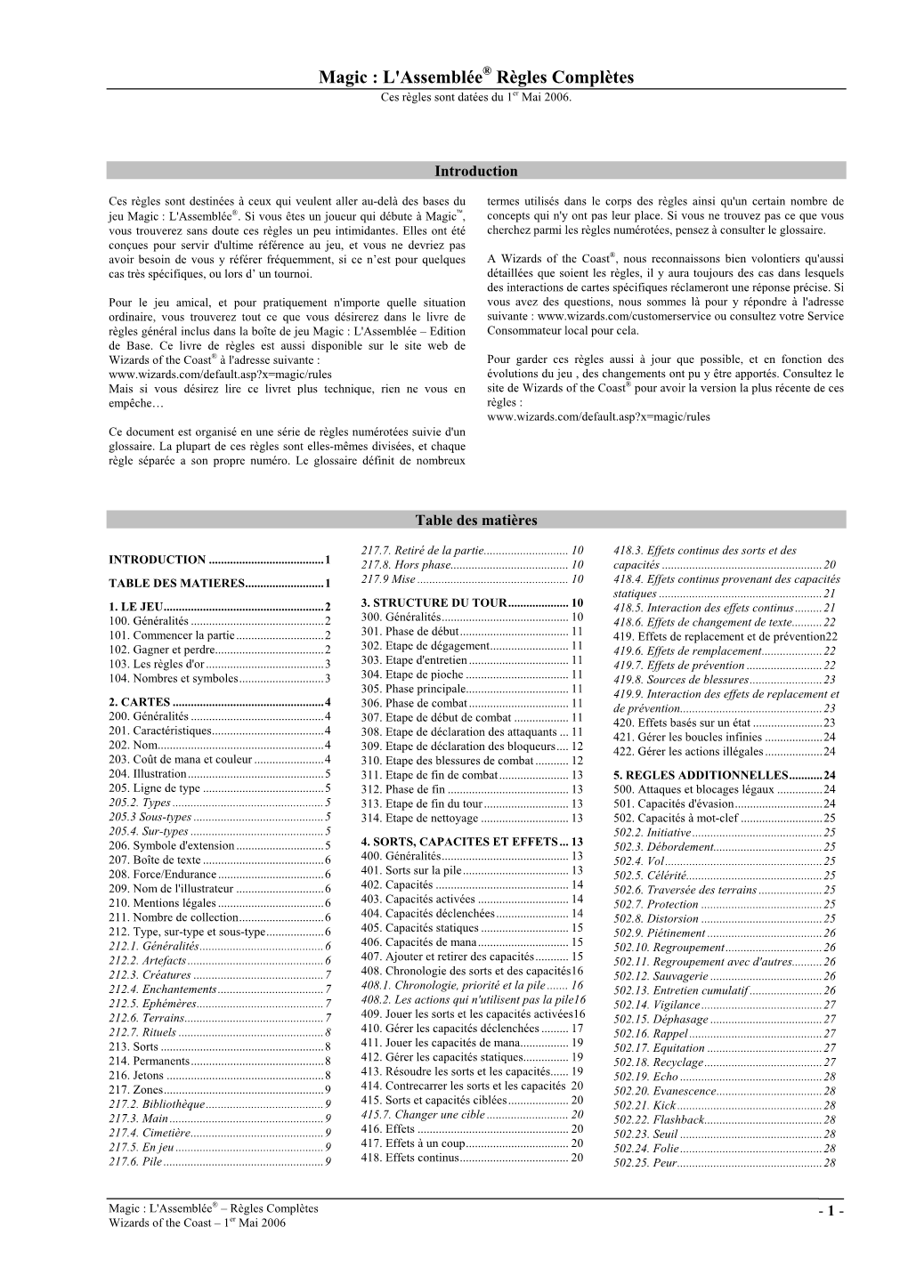 Magic : L'assemblée® Règles Complètes Ces Règles Sont Datées Du 1Er Mai 2006