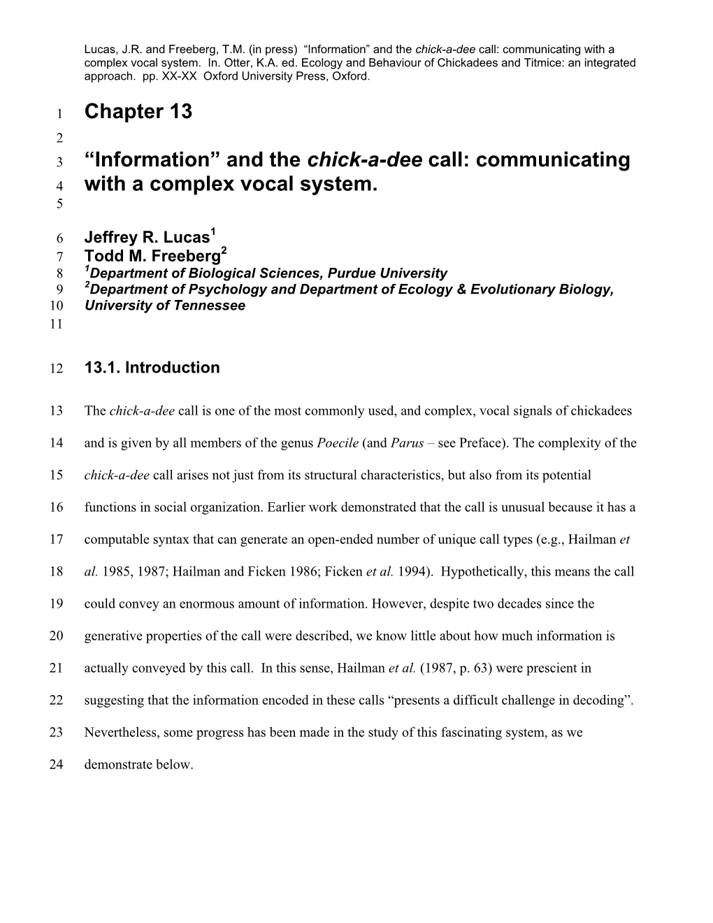 Chapter 13 “Information” and the Chick-A-Dee Call: Communicating with a Complex Vocal System