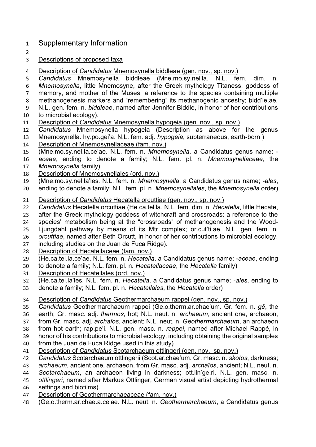 Supplementary Information 2 3 Descriptions of Proposed Taxa 4 Description of Candidatus Mnemosynella Biddleae (Gen