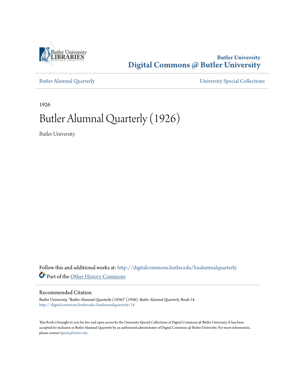 Butler Alumnal Quarterly (1926) Butler University