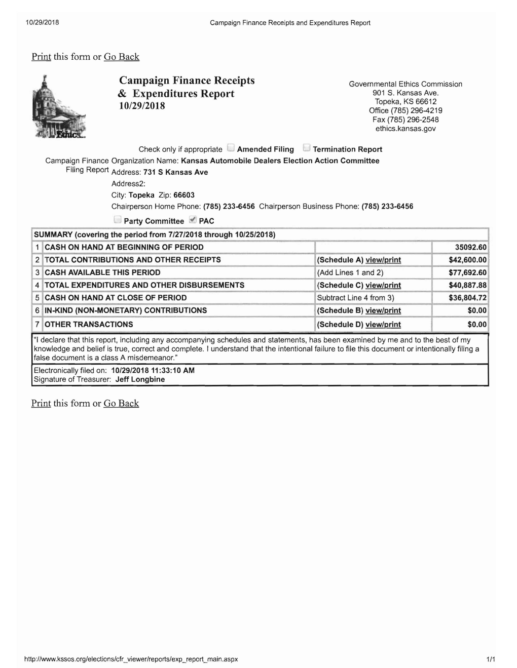 Campaign Finance Receipts & Expenditures Report