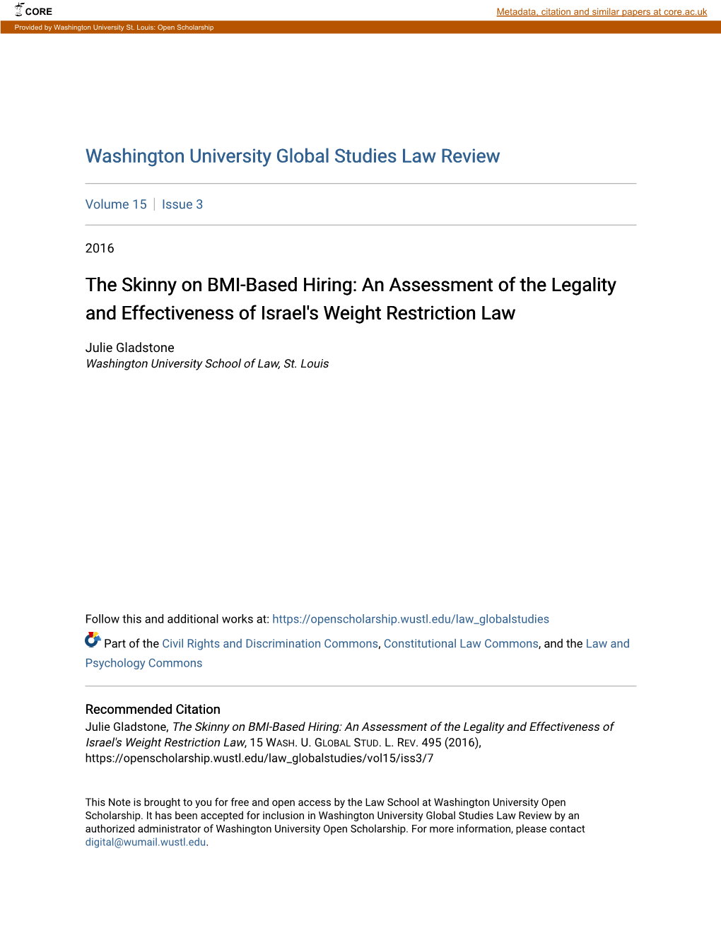 The Skinny on BMI-Based Hiring: an Assessment of the Legality and Effectiveness of Israel's Weight Restriction Law