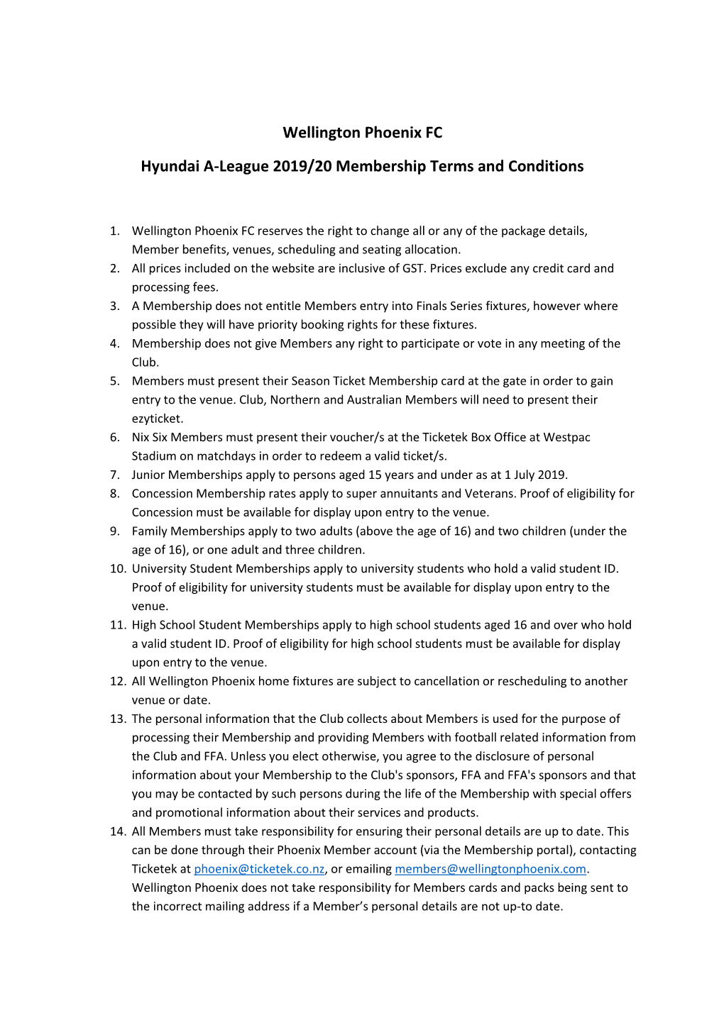 Wellington Phoenix FC Hyundai A-League 2019/20 Membership Terms and Conditions