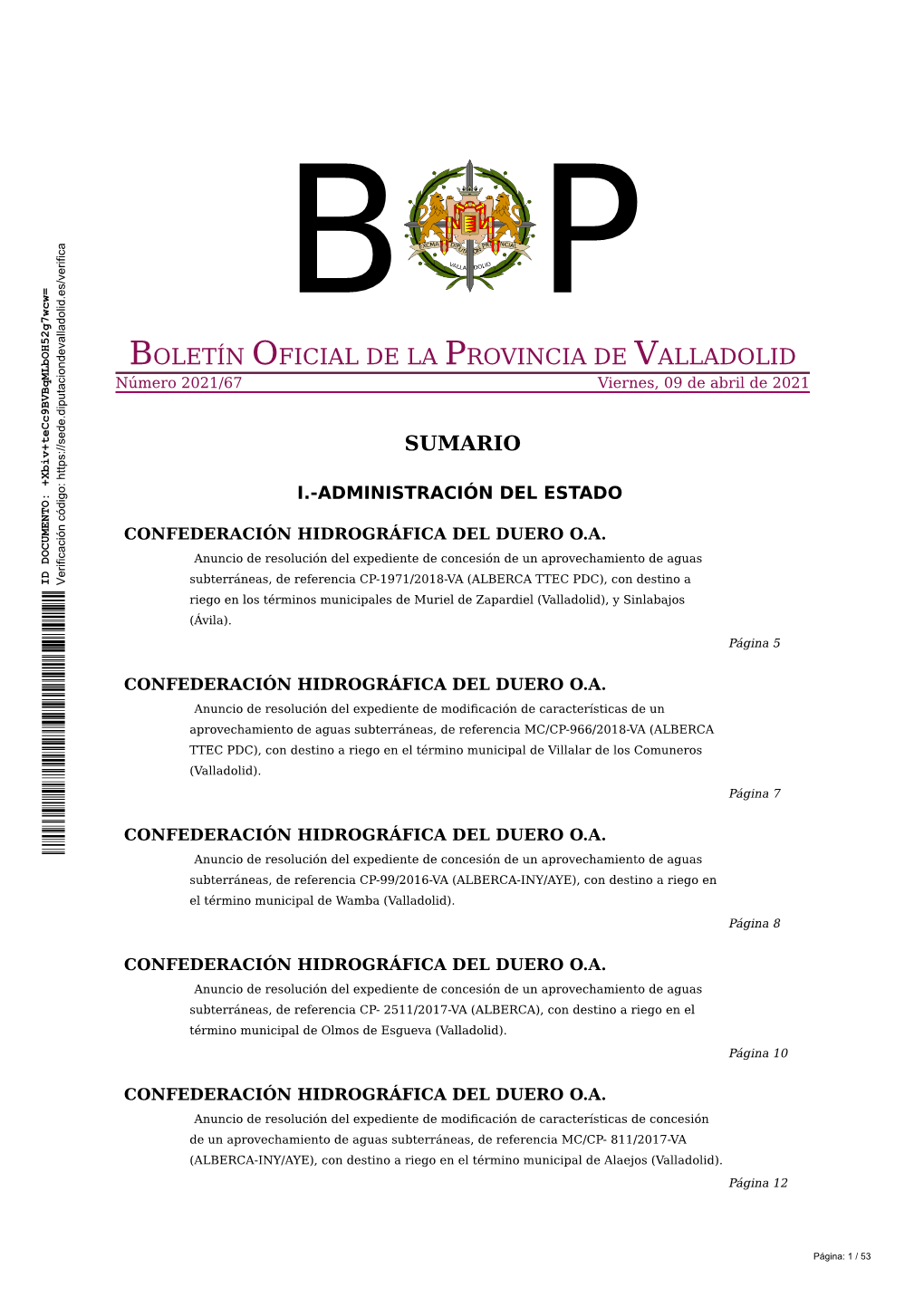 BOLETÍN OFICIAL DE LA PROVINCIA DE VALLADOLID Número 2021/67 Viernes, 09 De Abril De 2021