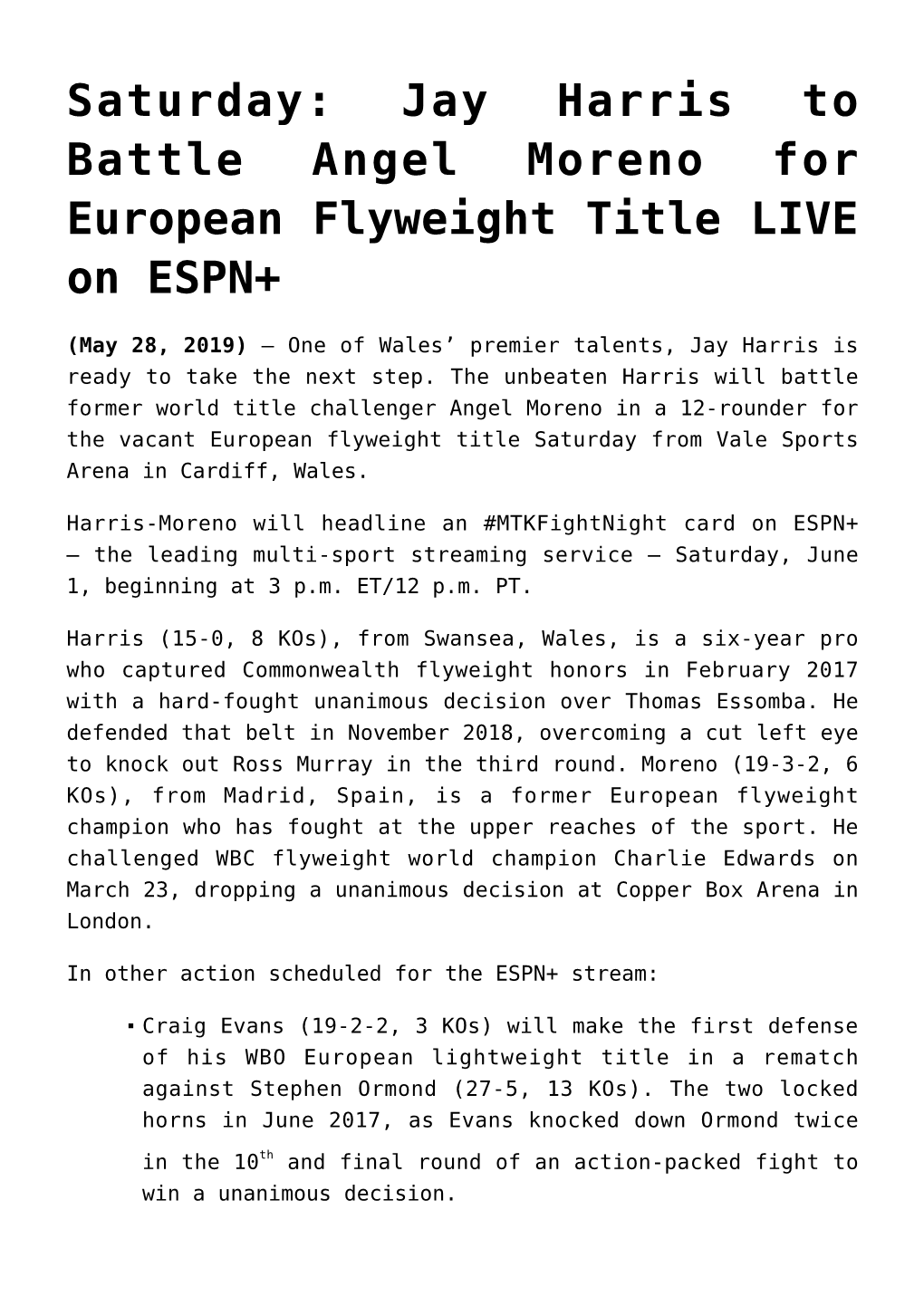 Jay Harris to Battle Angel Moreno for European Flyweight Title LIVE on ESPN+