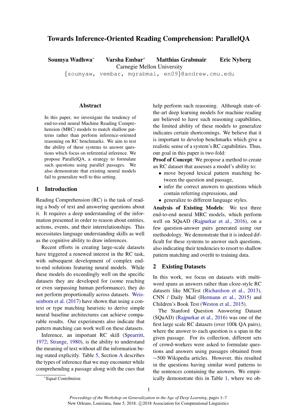 Towards Inference-Oriented Reading Comprehension: Parallelqa