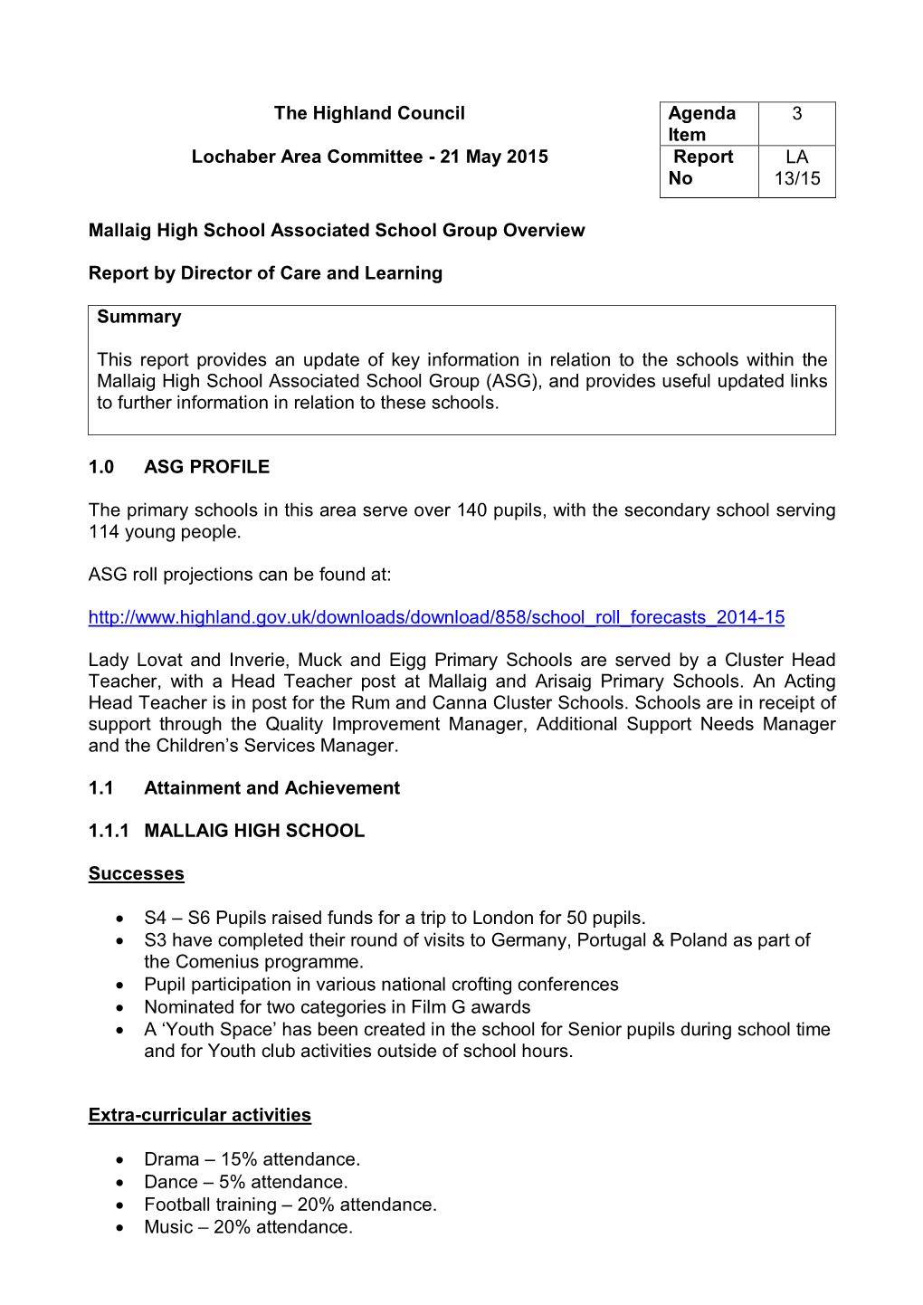 Item 3 Mallaig High School Associated School Group Overview