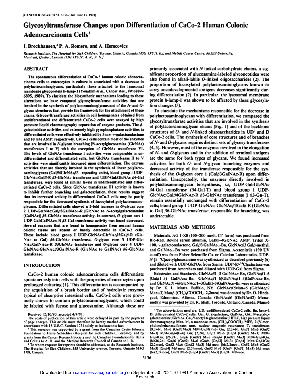 Glycosyltransferase Changes Upon Differentiation of Caco-2 Human Colonie Adenocarcinoma Cells1