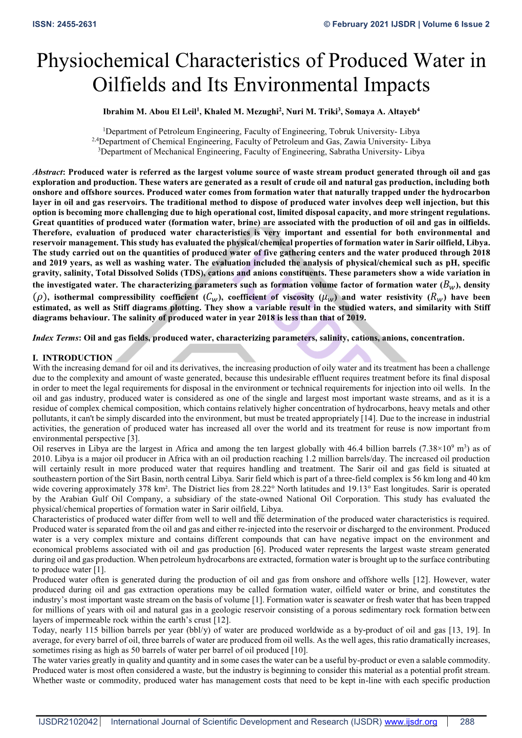 Physiochemical Characteristics of Produced Water in Oilfields and Its Environmental Impacts