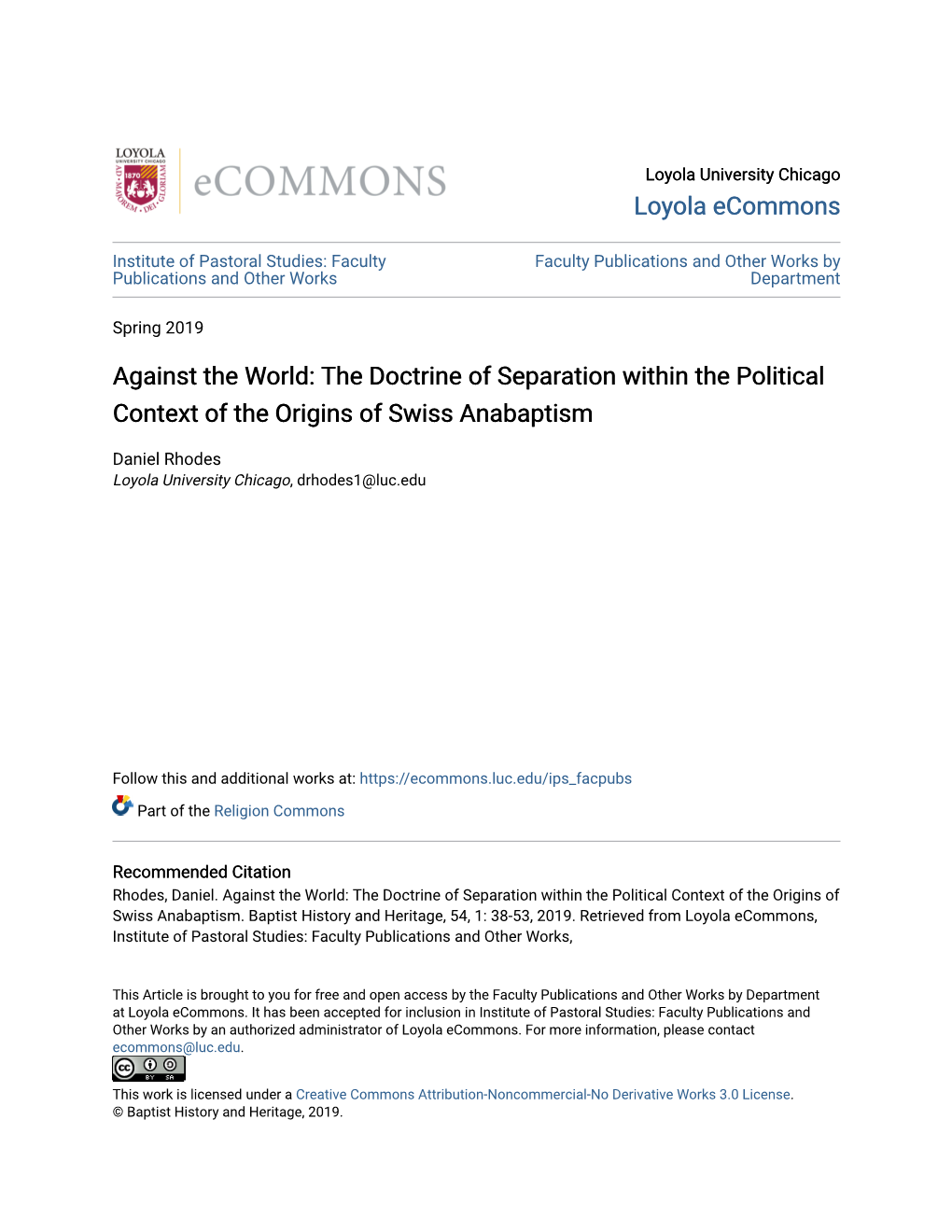 Against the World: the Doctrine of Separation Within the Political Context of the Origins of Swiss Anabaptism