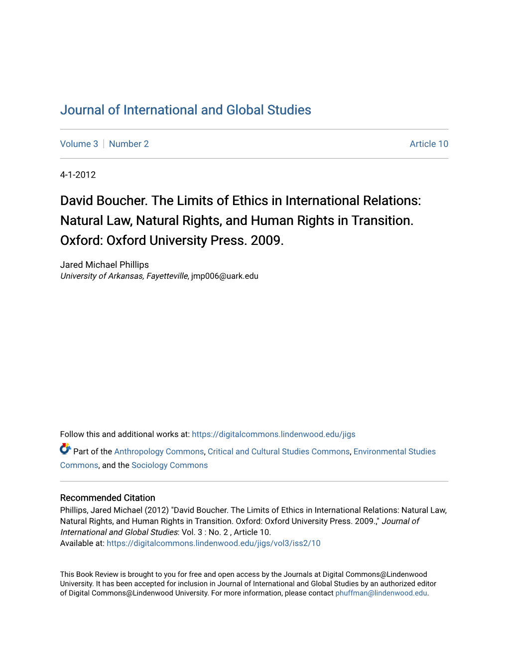 David Boucher. the Limits of Ethics in International Relations: Natural Law, Natural Rights, and Human Rights in Transition