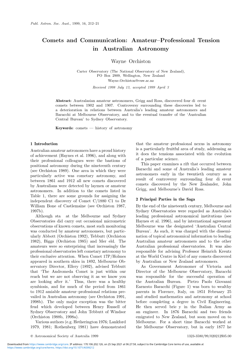 Comets and Communication: Amateur–Professional Tension in Australian Astronomy