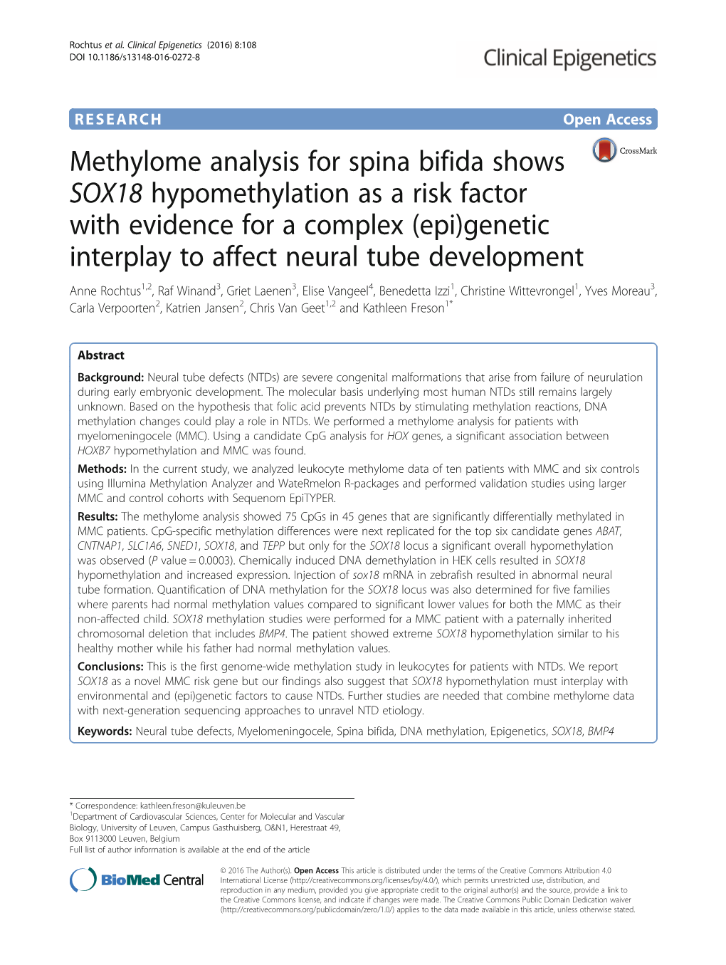 Methylome Analysis for Spina Bifida Shows SOX18 Hypomethylation As