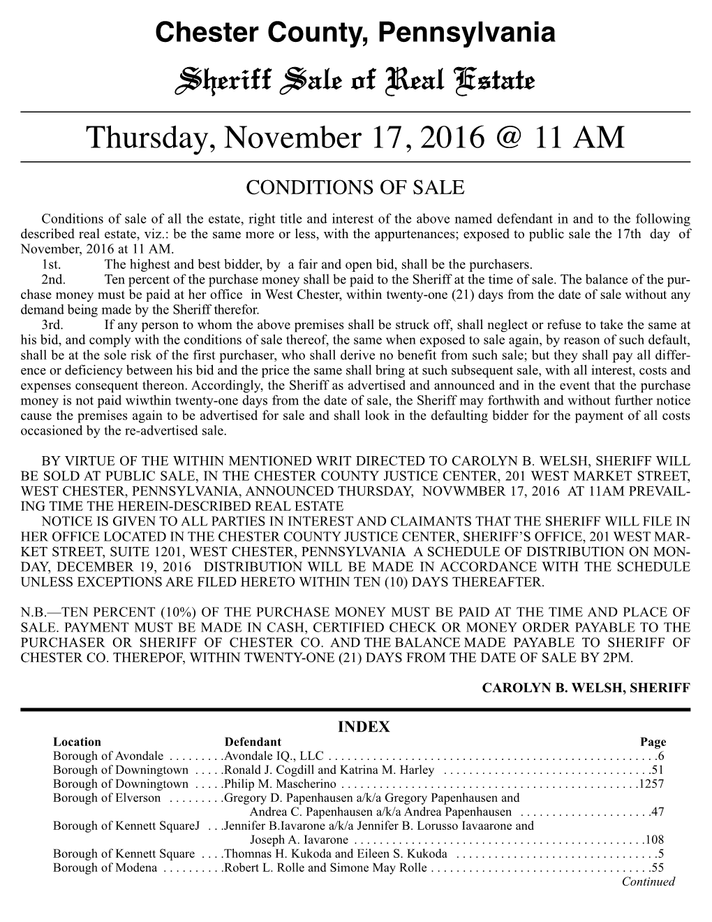 Sheriff Sale of Real Estate Thursday, November 17, 2016 @ 11 AM