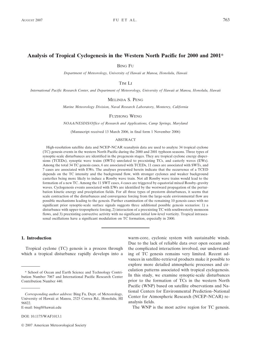 Analysis of Tropical Cyclogenesis in the Western North Pacific for 2000 and 2001*