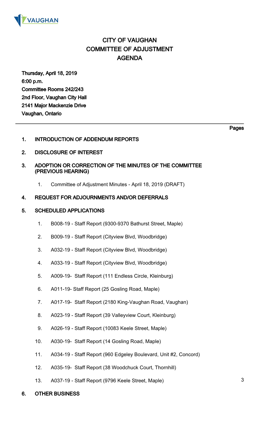 Committee of the Adjustment Agenda