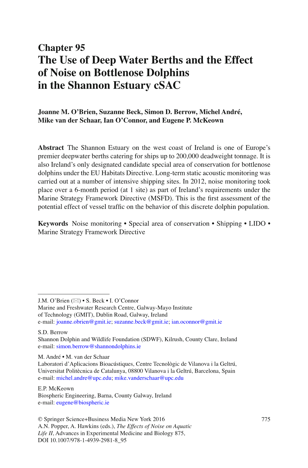 The Use of Deep Water Berths and the Effect of Noise on Bottlenose Dolphins in the Shannon Estuary Csac