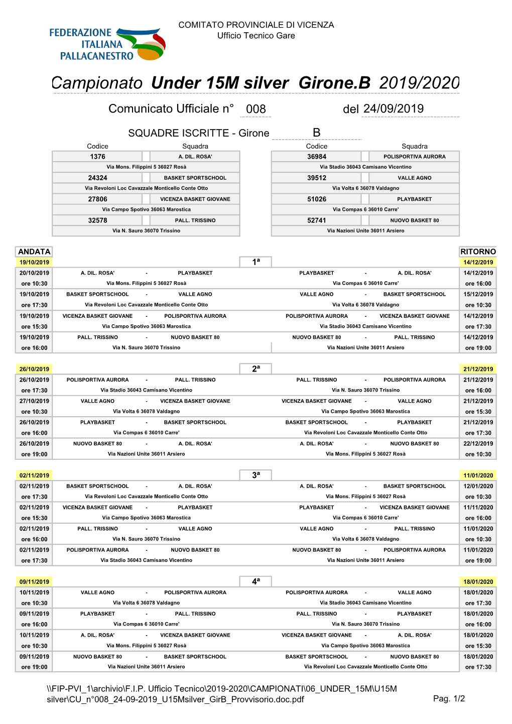 Campionato Under 15M Silver Girone.B 2019/2020 Comunicato Ufficiale N° 008 Del 24/09/2019