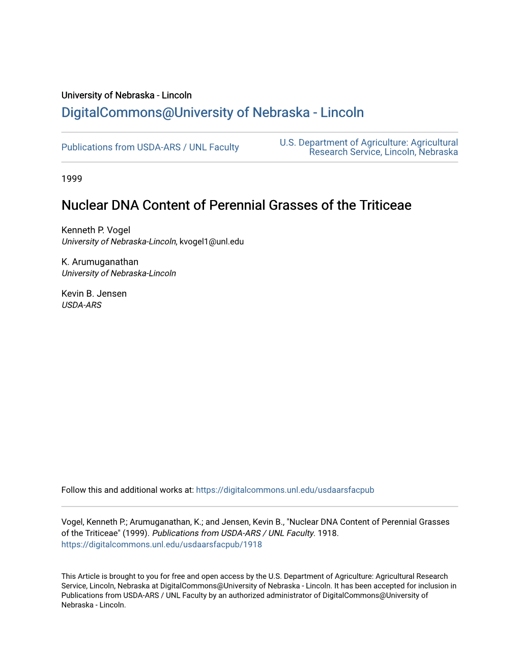 Nuclear DNA Content of Perennial Grasses of the Triticeae