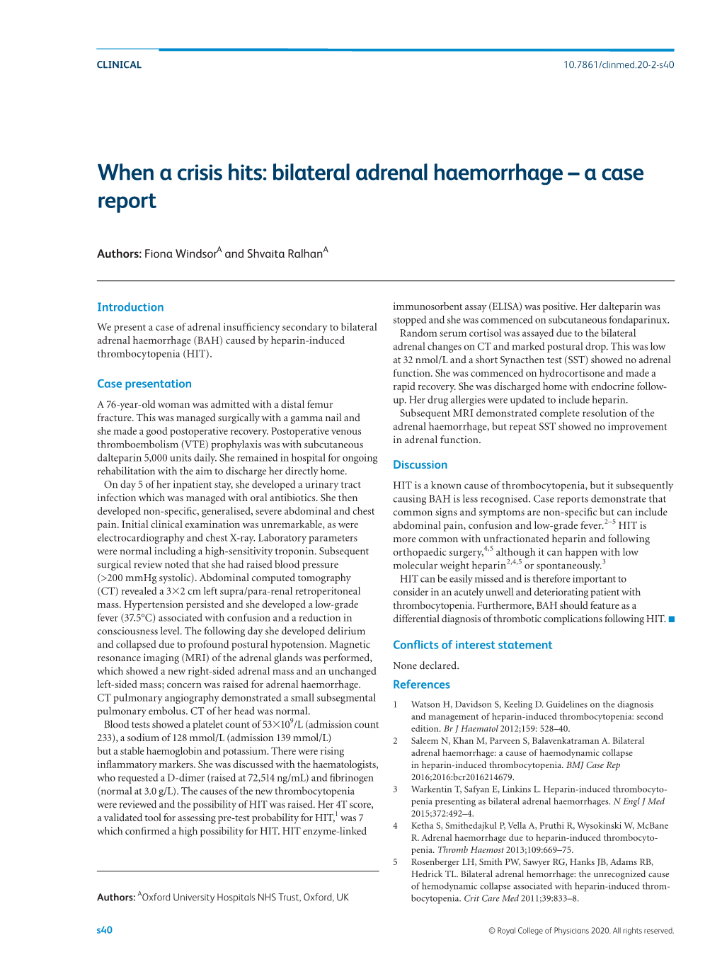 When a Crisis Hits: Bilateral Adrenal Haemorrhage – a Case Report