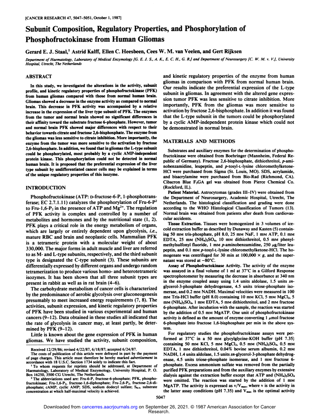 Subunit Composition, Regulatory Properties, and Phosphorylation of Phosphofructokinase from Human Gliomas Gerard E